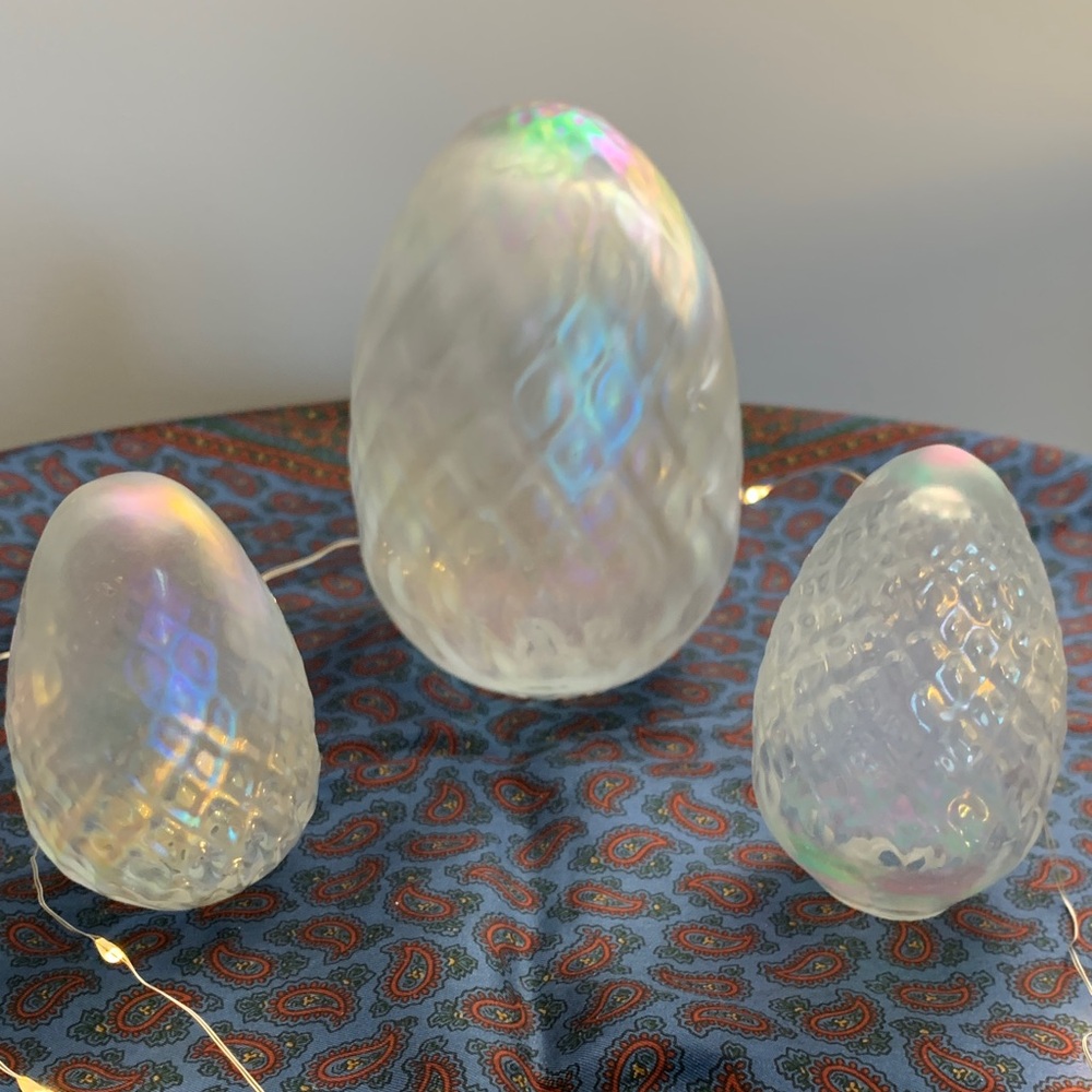 Vintage Iridescent Glass Egg Trio HEAVY - RARE - Etched Signature by Larry
